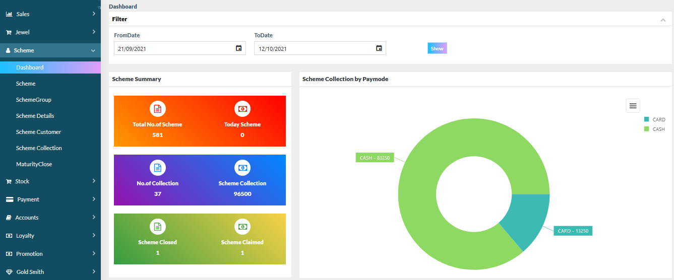 Jewelmate Jewellery Scheme Dashboard Screenshot