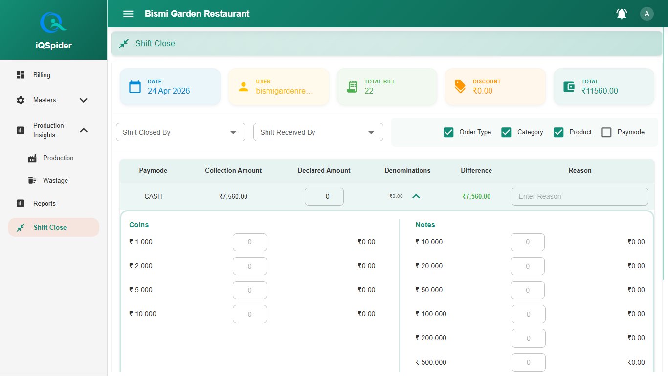 iQSpider Shift Close Restaurant Software Tamil Nadu